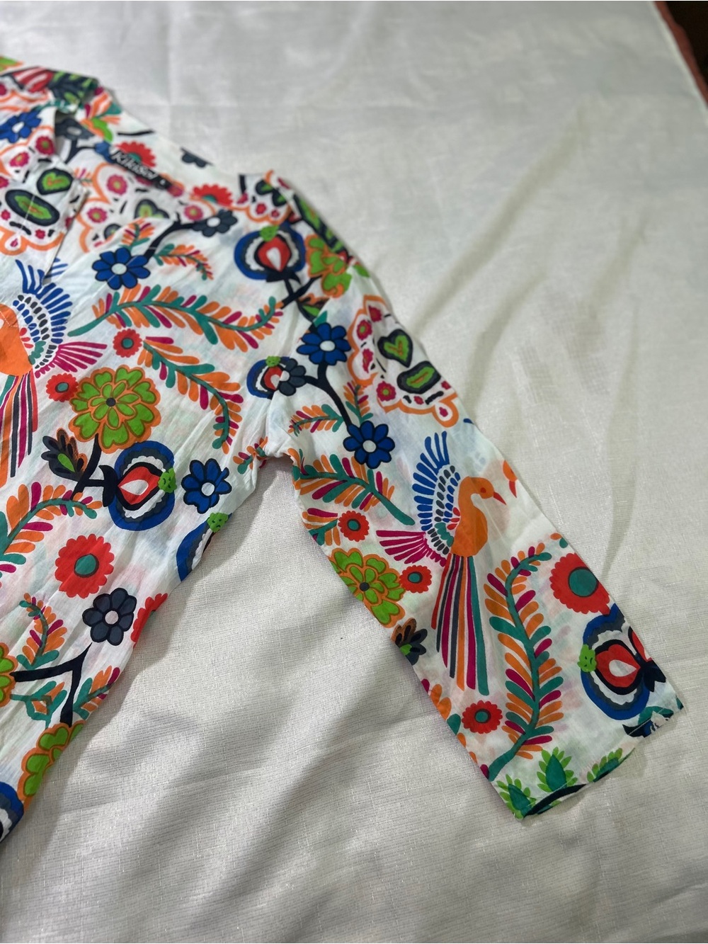 KikiSol V-neck White Multicolor Floral & Bird Print Tunic 100% Cotton Sz. L - Picture 8 of 12